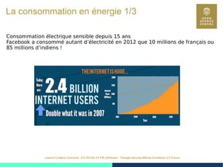 11
Licence Creative Commons (CC BY-SA 3.0 FR) Attribution - Partage dans les Mêmes Conditions 3.0 France
La consommation en énergie 1/3
Consommation électrique sensible depuis 15 ans
Facebook a consommé autant d’électricité en 2012 que 10 millions de français ou
85 millions d’indiens !
 