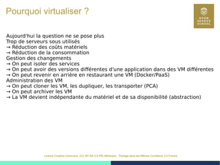 15
Licence Creative Commons (CC BY-SA 3.0 FR) Attribution - Partage dans les Mêmes Conditions 3.0 France
Pourquoi virtualiser ?
Aujourd'hui la question ne se pose plus
Trop de serveurs sous utilisés
→ Réduction des coûts matériels
→ Réduction de la consommation
Gestion des changements
→ On peut isoler des services
→ On peut avoir des versions différentes d'une application dans des VM différentes
→ On peut revenir en arrière en restaurant une VM (Docker/PaaS)
Administration des VM
→ On peut cloner les VM, les dupliquer, les transporter (PCA)
→ On peut archiver les VM
→ La VM devient indépendante du matériel et de sa disponibilité (abstraction)
 