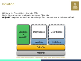 18
Licence Creative Commons (CC BY-SA 3.0 FR) Attribution - Partage dans les Mêmes Conditions 3.0 France
Isolation
Héritage du Chroot Unix, des Jails BSD,
De la séparation des environnements sur CP/M IBM
Objectif : séparer les environnements qui fonctionnent sur le même matériel
 