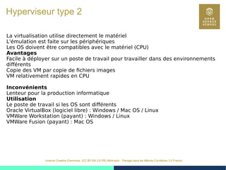 20
Licence Creative Commons (CC BY-SA 3.0 FR) Attribution - Partage dans les Mêmes Conditions 3.0 France
Hyperviseur type 2
La virtualisation utilise directement le matériel
L'émulation est faite sur les périphériques
Les OS doivent être compatibles avec le matériel (CPU)
Avantages
Facile à déployer sur un poste de travail pour travailler dans des environnements
différents
Copie des VM par copie de fichiers images
VM relativement rapides en CPU
Inconvénients
Lenteur pour la production informatique
Utilisation
Le poste de travail si les OS sont différents
Oracle VirtualBox (logiciel libre) : Windows / Mac OS / Linux
VMWare Workstation (payant) : Windows / Linux
VMWare Fusion (payant) : Mac OS
 