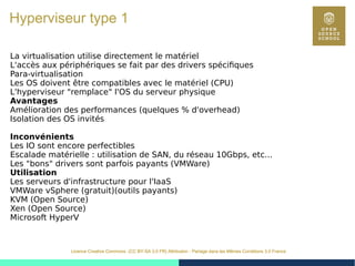 22
Licence Creative Commons (CC BY-SA 3.0 FR) Attribution - Partage dans les Mêmes Conditions 3.0 France
Hyperviseur type 1
La virtualisation utilise directement le matériel
L'accès aux périphériques se fait par des drivers spécifiques
Para-virtualisation
Les OS doivent être compatibles avec le matériel (CPU)
L'hyperviseur "remplace" l'OS du serveur physique
Avantages
Amélioration des performances (quelques % d'overhead)
Isolation des OS invités
Inconvénients
Les IO sont encore perfectibles
Escalade matérielle : utilisation de SAN, du réseau 10Gbps, etc...
Les "bons" drivers sont parfois payants (VMWare)
Utilisation
Les serveurs d'infrastructure pour l'IaaS
VMWare vSphere (gratuit)(outils payants)
KVM (Open Source)
Xen (Open Source)
Microsoft HyperV
 