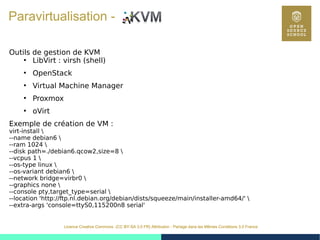 35
Licence Creative Commons (CC BY-SA 3.0 FR) Attribution - Partage dans les Mêmes Conditions 3.0 France
Paravirtualisation -
Outils de gestion de KVM
●
LibVirt : virsh (shell)
●
OpenStack
●
Virtual Machine Manager
●
Proxmox
●
oVirt
Exemple de création de VM :
virt-install 
--name debian6 
--ram 1024 
--disk path=./debian6.qcow2,size=8 
--vcpus 1 
--os-type linux 
--os-variant debian6 
--network bridge=virbr0 
--graphics none 
--console pty,target_type=serial 
--location 'http://ftp.nl.debian.org/debian/dists/squeeze/main/installer-amd64/' 
--extra-args 'console=ttyS0,115200n8 serial'
 