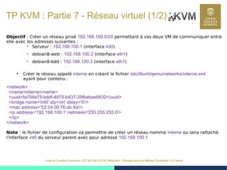 47
Licence Creative Commons (CC BY-SA 3.0 FR) Attribution - Partage dans les Mêmes Conditions 3.0 France
TP KVM : Partie 7 - Réseau virtuel (1/2)
Objectif : Créer un réseau privé 192.168.100.0/24 permettant à vos deux VM de communiquer entre
elle avec les adresses suivantes :

Serveur : 192.168.100.1 (interface int0)

debian8-web : 192.168.100.2 (interface eth1)

debian8-bdd : 192.168.100.3 (interface eth1)
●
Créer le réseau appelé interne en créant le fichier /etc/libvirt/qemu/networks/interne.xml
ayant pour contenu :
<network>
<name>interne</name>
<uuid>fa794e75-bddf-4875-b437-39fbabae8432</uuid>
<bridge name='int0' stp='on' delay='0'/>
<mac address='52:54:00:76:ab:8a'/>
<ip address='192.168.100.1' netmask='255.255.255.0'>
</ip>
</network>
Note : le fichier de configuration va permettre de créer un réseau nommé interne ou sera rattaché
l'interface int0 du serveur parent avec pour adresse 192.168.100.1
 