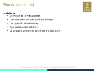 5
Licence Creative Commons (CC BY-SA 3.0 FR) Attribution - Partage dans les Mêmes Conditions 3.0 France
Plan du cours - 1/4
La théorie
●
Définition de la virtualisation
●
L’histoire de la virtualisation et l'énergie
●
Les types de virtualisation
●
Comparaison des solutions
●
La stratégie actuelle et son mode d’application
 