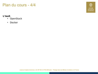 8
Licence Creative Commons (CC BY-SA 3.0 FR) Attribution - Partage dans les Mêmes Conditions 3.0 France
Plan du cours - 4/4
L'IaaS
●
OpenStack
●
Docker
 