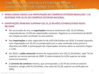 PANORAMA DO COMÉRCIO EXTERIOR DE MINAS GERAIS JANEIRO A DEZEMBRO/2010 – DESTAQUES(*) No acumulado do ano, as  exportações  mineiras totalizaram US$  31,22 bilhões, respondendo por 15,5% das exportações nacionais. Registrou-se crescimento de 60,0% em relação ao valor verificado no ano anterior. Nas  importações  o valor registrado foi de US$ 9,96 bilhões em 2010. O estado expandiu suas importações em 35,5% na comparação com o valor verificado entre janeiro e dezembro de 2009. A participação das importações mineiras sobre as nacionais chegou a  5,5% . Em 2010, o  saldo comercial  mineiro foi superavitário em US$ 21,26 bilhões, valor 74,7% superior ao mesmo período de 2009. O saldo estadual foi 4,9% superior ao saldo comercial nacional. A  corrente de comércio  mineira, que correspondeu a 10,7% do comércio exterior brasileiro, atingiu US$ 41,19 bilhões. Esse valor foi 53,3% superior ao verificado em 2009. MINAS GERAIS CRESCE SUA PARTICPAÇÃO NO COMÉRCIO EXTERIOR BRASILEIRO  E JÁ RESPONDE POR 10,7% DO COMÉRCIO EXTERIOR NACIONAL. EXPORTAÇÕES MINEIRAS SUPERAM US$ 31,22 BILHÕES ESTABALECENDO NOVO RECORDE. Elaboração: SEDE/Central Exportaminas, sobre a base de MDIC/SECEX 