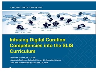 Infusing Digital Curation
Competencies into the SLIS
Curriculum
Patricia C. Franks, Ph.D., CRM
Associate Professor, School of Library & Information Science
San Jose State University, San José, CA, USA
 