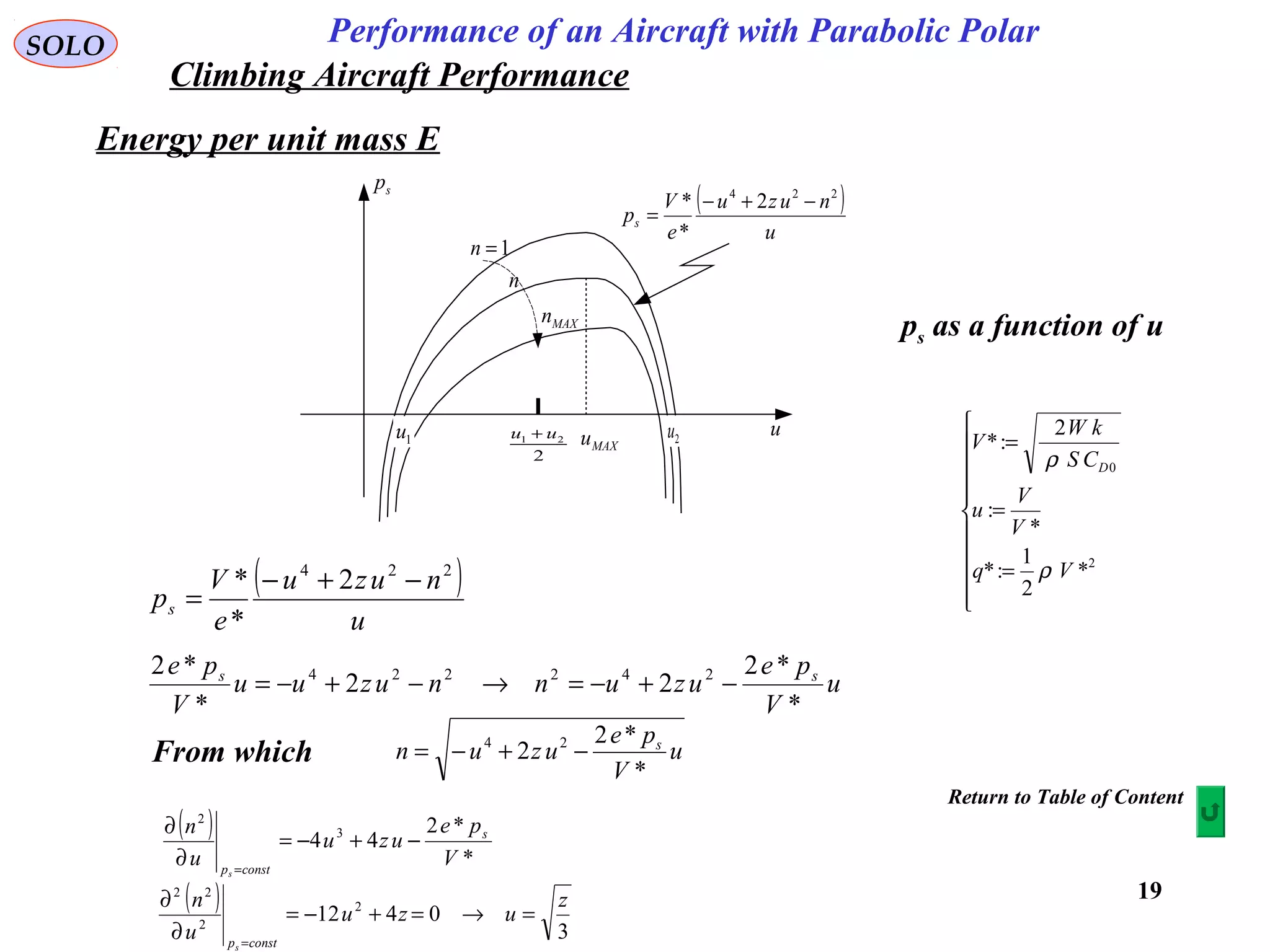 19
Performance of an Aircraft with Parabolic PolarSOLO
Energy per unit mass E
sp
2u1u
MAXu
2
21 uu + u
MAXn
n
1=n
( )
u
nuzu
e
V
ps
224
2
*
* −+−
=
ps as a function of u
( )
u
nuzu
e
V
ps
224
2
*
* −+−
=
u
V
pe
uzunnuzuu
V
pe ss
*
*2
22
*
*2 242224
−+−=→−+−=
From which u
V
pe
uzun s
*
*2
2 24
−+−=
( )
*
*2
44 3
2
V
pe
uzu
u
n s
constps
−+−=
∂
∂
=
( )
3
0412 2
2
22
z
uzu
u
n
constps
=→=+−=
∂
∂
=
Return to Table of Content
Climbing Aircraft Performance










=
=
=
2
0
*
2
1
:*
*
:
2
:*
Vq
V
V
u
CS
kW
V
D
ρ
ρ
 