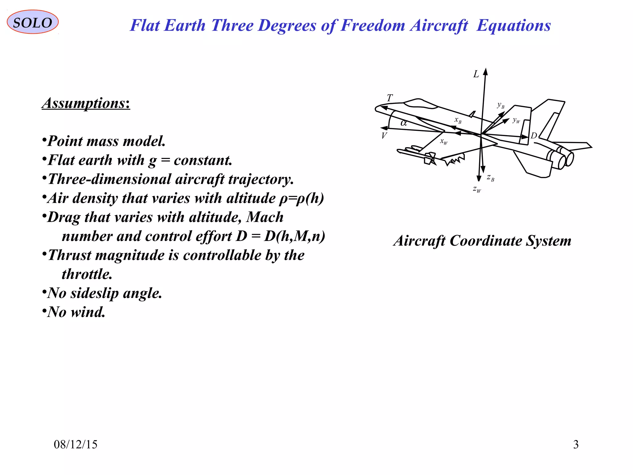 08/12/15 3
SOLO
Assumptions:
•Point mass model.
•Flat earth with g = constant.
•Three-dimensional aircraft trajectory.
•Air density that varies with altitude ρ=ρ(h)
•Drag that varies with altitude, Mach
number and control effort D = D(h,M,n)
•Thrust magnitude is controllable by the
throttle.
•No sideslip angle.
•No wind.
α
T
V
L
D
Bx
Wx
Bz
Wz
Wy
By
Aircraft Coordinate System
Flat Earth Three Degrees of Freedom Aircraft Equations
 