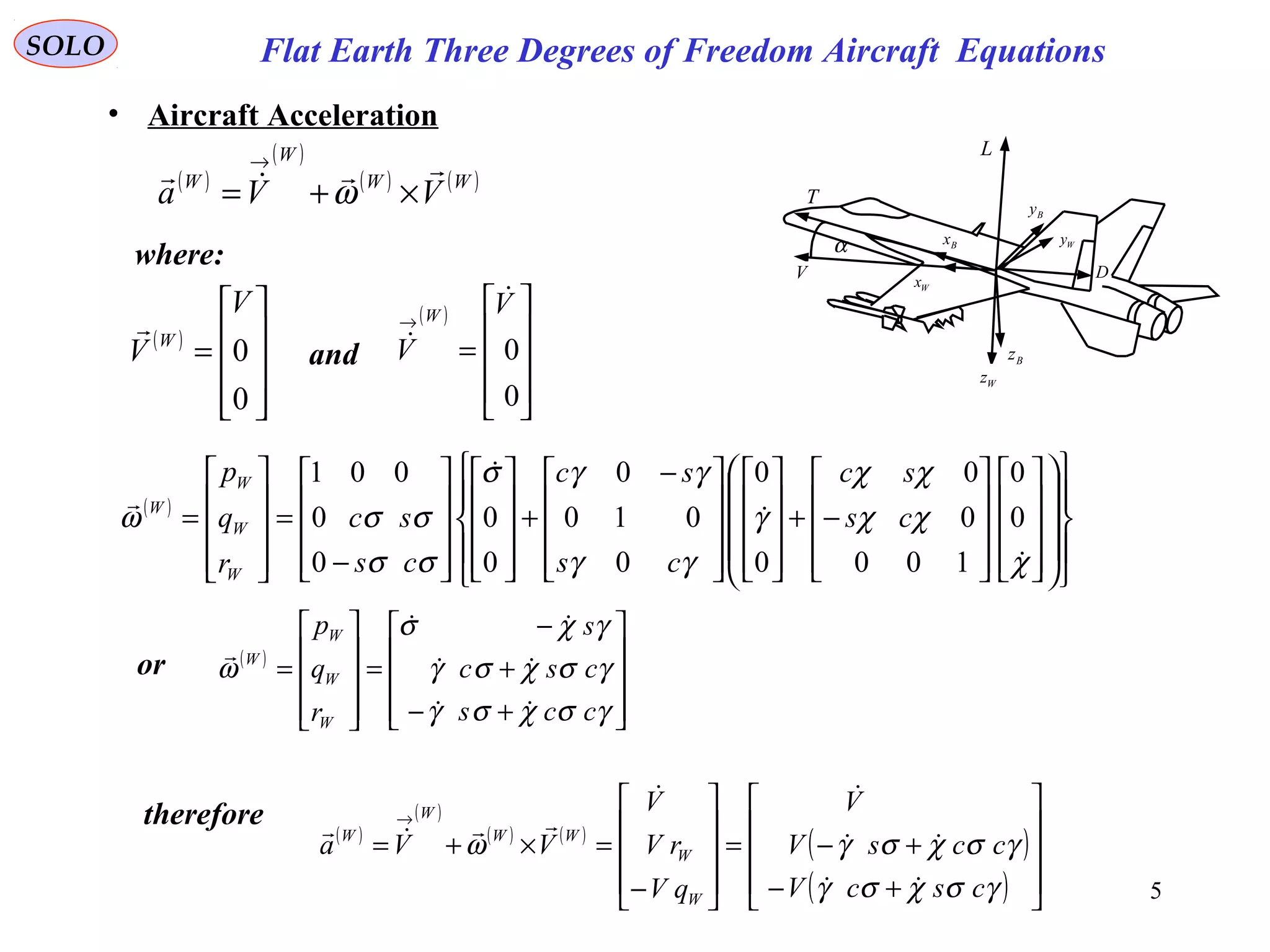 5
SOLO
α
T
V
L
D
Bx
Wx
Bz
Wz
Wy
By
• Aircraft Acceleration
( )
( )
( ) ( )WW
W
W
VVa

×+=
→
ω
where:
( )










=
0
0
V
V W

and
( )










=
→
0
0
V
V
W


( )








































−+



















 −
+




















−
=










=
χ
χχ
χχ
γ
γγ
γγσ
σσ
σσω




0
0
100
0
0
0
0
0
010
0
0
0
0
0
001
cs
sc
cs
sc
cs
sc
r
q
p
W
W
W
W
or ( )










+−
+
−
=










=
γσχσγ
γσχσγ
γχσ
ω
ccs
csc
s
r
q
p
W
W
W
W




therefore
( )
( )
( ) ( )
( )
( ) 









+−
+−=










−
=×+=
→
γσχσγ
γσχσγω
cscV
ccsV
V
qV
rV
V
VVa
W
W
WW
W
W




Flat Earth Three Degrees of Freedom Aircraft Equations
 