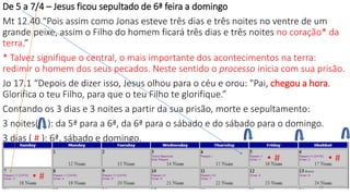 De 5 a 7/4 – Jesus ficou sepultado de 6ª feira a domingo
Mt 12.40 “Pois assim como Jonas esteve três dias e três noites no ventre de um
grande peixe, assim o Filho do homem ficará três dias e três noites no coração* da
terra.”
* Talvez signifique o central, o mais importante dos acontecimentos na terra:
redimir o homem dos seus pecados. Neste sentido o processo inicia com sua prisão.
Jo 17.1 “Depois de dizer isso, Jesus olhou para o céu e orou: "Pai, chegou a hora.
Glorifica o teu Filho, para que o teu Filho te glorifique.”
Contando os 3 dias e 3 noites a partir da sua prisão, morte e sepultamento:
3 noites( ): da 5ª para a 6ª, da 6ª para o sábado e do sábado para o domingo.
3 dias ( # ): 6ª, sábado e domingo.
28
 