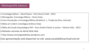 1.Cronologia bíblica – David Payne – Ed Cultura Cristã – 2011
2.Monografia: Cronologia Bíblica – Silvio Costa
3.Uma Introdução a Cronologia Bíblica (Andréia C. L. Frazão da Silva, internet)
4.Bíblia em ordem cronológica (Editora Vida)
5.Bíblia de Estudo Arqueológica NVI – Kunz André Claiton e outros – Editora Vida – 2013
6.Reflexões extraídas da World Wide Web
7.http://www.cronologiadabiblia.wordpress.com
Esta apresentação está disponível no site: www.escolabiblicavirtual.com.br
32
 