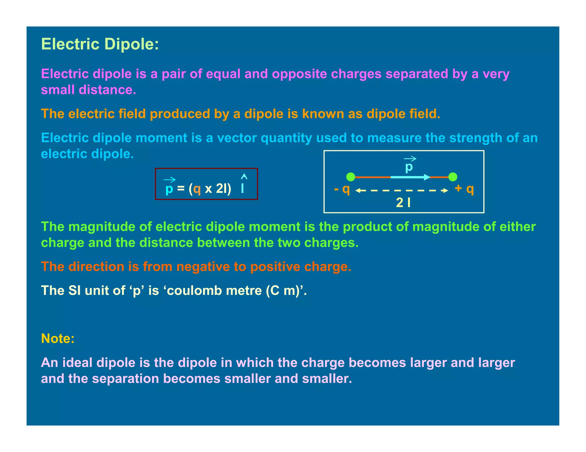 Electric Dipole:
Electric dipole is a pair of equal and opposite charges separated by a very
small distance.
The electric field produced by a dipole is known as dipole field.
Electric dipole moment is a vector quantity used to measure the strength of an
electric dipole.
+ q- q
2 l
p
p = (q x 2l) l
The magnitude of electric dipole moment is the product of magnitude of either
charge and the distance between the two charges.
The direction is from negative to positive charge.
The SI unit of ‘p’ is ‘coulomb metre (C m)’.
Note:
An ideal dipole is the dipole in which the charge becomes larger and larger
and the separation becomes smaller and smaller.
 