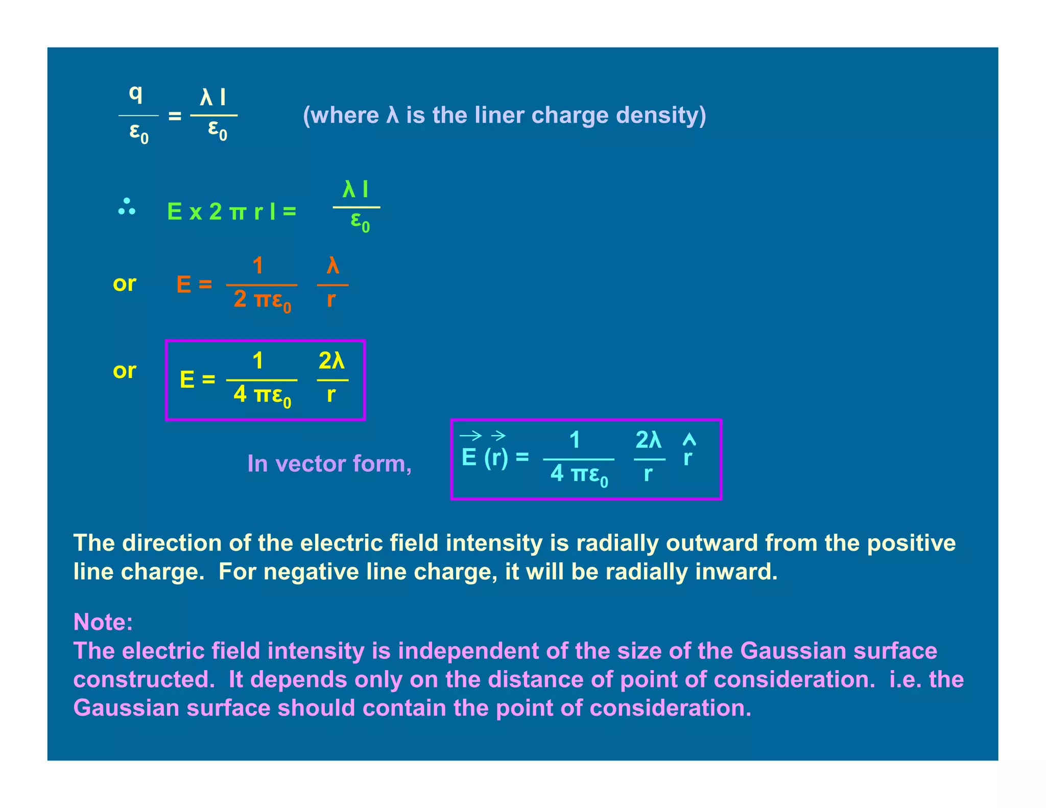 q
ε0
=
λ l
ε0
(where λ is the liner charge density)
E x 2 π r l =
λ l
ε0
or E =
2 πε0
1 λ
r
or E =
4 πε0
1 2λ
r
In vector form, E (r) =
4 πε0
1 2λ
r
r
The direction of the electric field intensity is radially outward from the positive
line charge. For negative line charge, it will be radially inward.
Note:
The electric field intensity is independent of the size of the Gaussian surface
constructed. It depends only on the distance of point of consideration. i.e. the
Gaussian surface should contain the point of consideration.
 