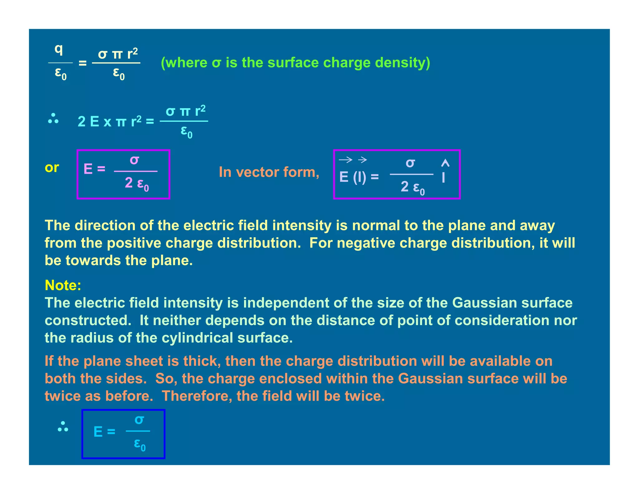 (where σ is the surface charge density)
or E =
2 ε0
σ
In vector form, E (l) =
2 ε0
σ
l
The direction of the electric field intensity is normal to the plane and away
from the positive charge distribution. For negative charge distribution, it will
be towards the plane.
Note:
The electric field intensity is independent of the size of the Gaussian surface
constructed. It neither depends on the distance of point of consideration nor
the radius of the cylindrical surface.
q
ε0
=
σ π r2
ε0
2 E x π r2 =
σ π r2
ε0
If the plane sheet is thick, then the charge distribution will be available on
both the sides. So, the charge enclosed within the Gaussian surface will be
twice as before. Therefore, the field will be twice.
E =
ε0
σ
 