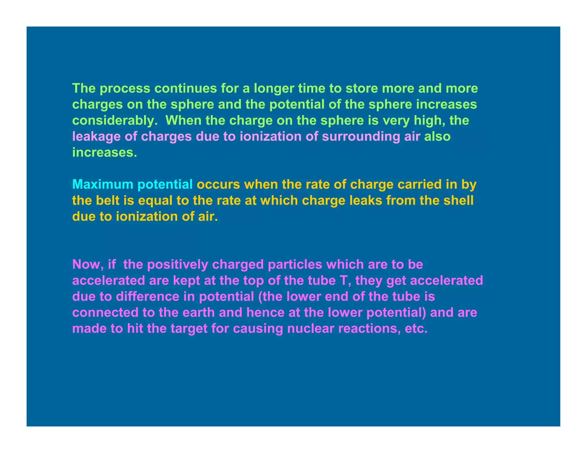 The process continues for a longer time to store more and more
charges on the sphere and the potential of the sphere increases
considerably. When the charge on the sphere is very high, the
leakage of charges due to ionization of surrounding air also
increases.
Maximum potential occurs when the rate of charge carried in by
the belt is equal to the rate at which charge leaks from the shell
due to ionization of air.
Now, if the positively charged particles which are to be
accelerated are kept at the top of the tube T, they get accelerated
due to difference in potential (the lower end of the tube is
connected to the earth and hence at the lower potential) and are
made to hit the target for causing nuclear reactions, etc.
 