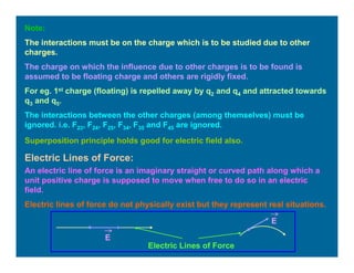 Superposition principle holds good for electric field also.
Note:
The interactions must be on the charge which is to be studied due to other
charges.
The charge on which the influence due to other charges is to be found is
assumed to be floating charge and others are rigidly fixed.
For eg. 1st charge (floating) is repelled away by q2 and q4 and attracted towards
q3 and q5.
The interactions between the other charges (among themselves) must be
ignored. i.e. F23, F24, F25, F34, F35 and F45 are ignored.
Electric Lines of Force:
An electric line of force is an imaginary straight or curved path along which a
unit positive charge is supposed to move when free to do so in an electric
field.
Electric lines of force do not physically exist but they represent real situations.
Electric Lines of Force
E
E
 
