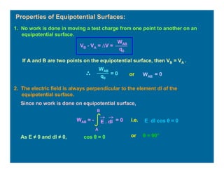 Properties of Equipotential Surfaces:
2. The electric field is always perpendicular to the element dl of the
equipotential surface.
1. No work is done in moving a test charge from one point to another on an
equipotential surface.
WAB
q0
VB - VA = ∆V =
If A and B are two points on the equipotential surface, then VB = VA .
WAB
q0
= 0 or WAB
= 0
WAB = - E . dl
A
B
= 0
Since no work is done on equipotential surface,
i.e. E dl cos θ = 0
As E ≠ 0 and dl ≠ 0, cos θ = 0 or θ = 90°
 