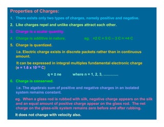 Properties of Charges:
1. There exists only two types of charges, namely positive and negative.
2. Like charges repel and unlike charges attract each other.
3. Charge is a scalar quantity.
4. Charge is additive in nature. eg. +2 C + 5 C – 3 C = +4 C
5. Charge is quantized.
i.e. Electric charge exists in discrete packets rather than in continuous
amount.
It can be expressed in integral multiples fundamental electronic charge
(e = 1.6 x 10-19 C)
q = ± ne where n = 1, 2, 3, …………
6. Charge is conserved.
i.e. The algebraic sum of positive and negative charges in an isolated
system remains constant.
eg. When a glass rod is rubbed with silk, negative charge appears on the silk
and an equal amount of positive charge appear on the glass rod. The net
charge on the glass-silk system remains zero before and after rubbing.
It does not change with velocity also.
 