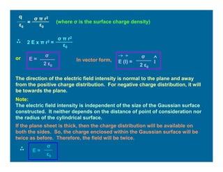 (where σ is the surface charge density)
or E =
2 ε0
σ
In vector form, E (l) =
2 ε0
σ
l
The direction of the electric field intensity is normal to the plane and away
from the positive charge distribution. For negative charge distribution, it will
be towards the plane.
Note:
The electric field intensity is independent of the size of the Gaussian surface
constructed. It neither depends on the distance of point of consideration nor
the radius of the cylindrical surface.
q
ε0
=
σ π r2
ε0
2 E x π r2 =
σ π r2
ε0
If the plane sheet is thick, then the charge distribution will be available on
both the sides. So, the charge enclosed within the Gaussian surface will be
twice as before. Therefore, the field will be twice.
E =
ε0
σ
 
