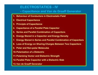 ELECTROSTATICS - IV
- Capacitance and Van de Graaff Generator
1. Behaviour of Conductors in Electrostatic Field
2. Electrical Capacitance
3. Principle of Capacitance
4. Capacitance of a Parallel Plate Capacitor
5. Series and Parallel Combination of Capacitors
6. Energy Stored in a Capacitor and Energy Density
7. Energy Stored in Series and Parallel Combination of Capacitors
8. Loss of Energy on Sharing Charges Between Two Capacitors
9. Polar and Non-polar Molecules
10.Polarization of a Dielectric
11.Polarizing Vector and Dielectric Strength
12.Parallel Plate Capacitor with a Dielectric Slab
13.Van de Graaff Generator
 
