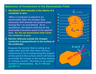 Behaviour of Conductors in the Electrostatic Field:
1. Net electric field intensity in the interior of a
conductor is zero.
When a conductor is placed in an
electrostatic field, the charges (free
electrons) drift towards the positive plate
leaving the + ve core behind. At an
equilibrium, the electric field due to the
polarisation becomes equal to the applied
field. So, the net electrostatic field inside
the conductor is zero.
E0
Enet = 0
EP
2. Electric field just outside the charged
conductor is perpendicular to the surface of
the conductor.
Suppose the electric field is acting at an
angle other than 90°, then there will be a
component E cos θ acting along the tangent
at that point to the surface which will tend to
accelerate the charge on the surface leading
to ‘surface current’. But there is no surface
current in electrostatics. So, θ = 90°and
cos 90°= 0.
n
E
θ
E cos θ
+ q•
NOT POSSIBLE
 