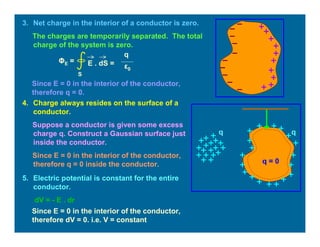 3. Net charge in the interior of a conductor is zero.
The charges are temporarily separated. The total
charge of the system is zero.
E . dS =
S
ΦE =
q
ε0
Since E = 0 in the interior of the conductor,
therefore q = 0.
4. Charge always resides on the surface of a
conductor.
Suppose a conductor is given some excess
charge q. Construct a Gaussian surface just
inside the conductor.
Since E = 0 in the interior of the conductor,
therefore q = 0 inside the conductor. q = 0
q q
5. Electric potential is constant for the entire
conductor.
dV = - E . dr
Since E = 0 in the interior of the conductor,
therefore dV = 0. i.e. V = constant
 