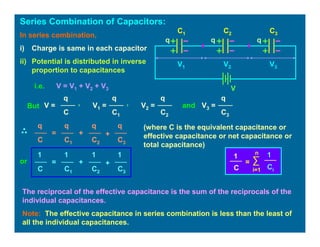 Series Combination of Capacitors:
V1 V2 V3
V
C1 C2 C3In series combination,
i) Charge is same in each capacitor
ii) Potential is distributed in inverse
proportion to capacitances
i.e. V = V1 + V2 + V3
But
q
V1 =
C1
V2 =
C2
q
V3 =
C3
q
, and
q
V =
C
,
(where C is the equivalent capacitance or
effective capacitance or net capacitance or
total capacitance)
q
=
C1
+
C2
q
+
C3
qq
C
or
The reciprocal of the effective capacitance is the sum of the reciprocals of the
individual capacitances.
Note: The effective capacitance in series combination is less than the least of
all the individual capacitances.
q q q
∑
i=1
n 1
Ci
1
C
=
1
=
C1
+
C2
1
+
C3
11
C
 