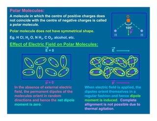 Polar Molecules:
A molecule in which the centre of positive charges does
not coincide with the centre of negative charges is called
a polar molecule.
Polar molecule does not have symmetrical shape.
Eg. H Cl, H2 O, N H3, C O2, alcohol, etc.
O
H H
105°
Effect of Electric Field on Polar Molecules:
E = 0 E
p = 0 p
In the absence of external electric
field, the permanent dipoles of the
molecules orient in random
directions and hence the net dipole
moment is zero.
When electric field is applied, the
dipoles orient themselves in a
regular fashion and hence dipole
moment is induced. Complete
allignment is not possible due to
thermal agitation.
p
 