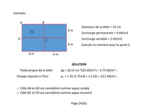 Page 24/62
Exemple :
SOLUTION
Poids propre de la dalle pp = (0.15 m) *(25 kN/m3
) = 3.75 kN/m2
;
Charge répartie à l’ELU pu = 1.35 (3.75+4) + 1.5 (2) = 13.5 kN/m2
;
o Côté AB et AD est considérés comme appui simple
o Côté BC et CD est considérés comme appui encastré
6 m6 m
4 m
4 m
Epaisseur de la dalle = 15 cm
Surcharge permanente = 4 kN/m2
Surcharge variable = 2 kN/m2
Calculer le moment pour le panel 1
[1]
A B
CD
 