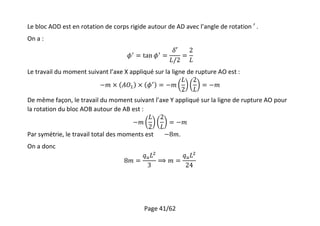 Page 41/62
Le bloc AOD est en rotation de corps rigide autour de AD avec l’angle de rotation .
On a :
Le travail du moment suivant l’axe X appliqué sur la ligne de rupture AO est :
De même façon, le travail du moment suivant l’axe Y appliqué sur la ligne de rupture AO pour
la rotation du bloc AOB autour de AB est :
Par symétrie, le travail total des moments est .
On a donc
 