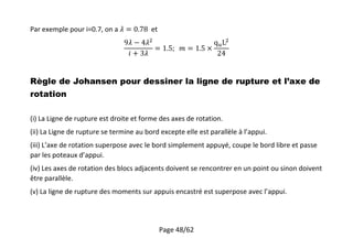 Page 48/62
Par exemple pour i=0.7, on a et
Règle de Johansen pour dessiner la ligne de rupture et l’axe de
rotation
(i) La Ligne de rupture est droite et forme des axes de rotation.
(ii) La Ligne de rupture se termine au bord excepte elle est parallèle à l’appui.
(iii) L’axe de rotation superpose avec le bord simplement appuyé, coupe le bord libre et passe
par les poteaux d’appui.
(iv) Les axes de rotation des blocs adjacents doivent se rencontrer en un point ou sinon doivent
être parallèle.
(v) La ligne de rupture des moments sur appuis encastré est superpose avec l’appui.
 
