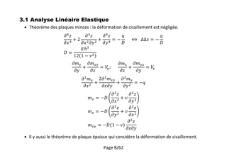 Page 8/62
3.1 Analyse Linéaire Elastique
 Théorème des plaques minces : la déformation de cisaillement est négligée.
 Il y aussi le théorème de plaque épaisse qui considère la déformation de cisaillement.
 