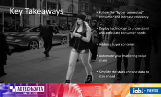 • Follow the “hyper-connected”
consumer and increase relevancy
• Deploy technology to understand
and anticipate consumer needs
• Address buyer concerns
• Automate your marketing value
chain
• Simplify the stack and use data to
stay ahead
Key Takeaways
 