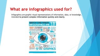 What are infographics used for?
Infographics are graphic visual representations of information, data, or knowledge,
intended to present complex information quickly and clearly.
 