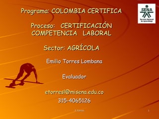 Programa: COLOMBIA CERTIFICA Proceso:  CERTIFICACIÓN COMPETENCIA  LABORAL Sector: AGRÍCOLA Emilio Torres Lombana Evaluador [email_address] 315-4065126 E.Torres 