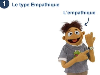 3     Le type Rebelle
•   Points forts : spontané, créatif, ludique

•   Caractéristiques : capacité de jouer et apprécier l’instant présent « Carpe
    diem »

•   Expression de sentiments : souvent aisée. Sous forme d’émotions qui
    « sortent » de façon spontanée

•   Mode de perception : réagit aux personnes et aux choses en aimant ou
    en détestant

•   Comportement en équipe : aime l’ambiance de groupe. Ne crée pas le
    contact, mais saisit les moindres occasions de le vivre, surtout si elles se
    présentent sous une forme ludique

•   Besoins psychologiques : contact ludique
 