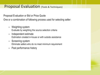 Proposal Evaluation (Tools & Techniques)Proposal Evaluation or Bid or Price Quote One or a combination of following process used for selecting seller:Weighting systemEvaluate by weighting the source selection criteriaIndependent estimateEstimation created in-house or with outside assistanceScreening systemEliminate sellers who do no meet minimum requirementPast performance history
