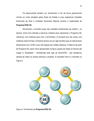 50
Foi desenvolvido também um “termômetro” a fim de tornar graficamente
visíveis os níveis atingidos pelas Áreas de Gestão e suas respectivas Unidades
Gerenciais de Área e Unidades Gerenciais Básicas durante a implantação do
Programa IFSC 5S.
Novamente, o conceito surgiu das unidades fundamentais da matéria – os
átomos. Como fora utilizada a estrutura cristalina para representar o Programa 5S,
utilizamos uma molécula para criar o termômetro. É provável que não exista uma
molécula neste formato, entretanto pensou-se em algo temático que se relacionasse
diretamente com o IFSC e que não fugisse dos moldes clássicos. A idéia foi de partir
do Programa 5S, assim como apresentado na figura, passar por todos os Sensos até
chegar à “Qualidade” – Simbolizada pelo logo do QUALIFSC - que almejamos
através de todos os nossos esforços e projetos. O resultado final é o mostrado na
Figura 3:
Figura 3. Termômetro do Programa IFSC 5S.
 