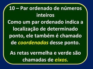 10 – Par ordenado de números inteiros Como um par ordenado indica a localização de determinado ponto, ele também é chamado de  coordenadas  desse ponto. As retas vermelha e verde são chamadas de  eixos. 