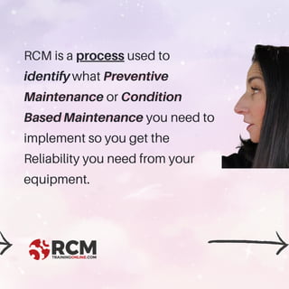 RCM is a process used to
identify what Preventive
Maintenance or Condition
Based Maintenance you need to
implement so you get the
Reliability you need from your
equipment.
 