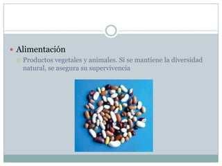  Alimentación
 Productos vegetales y animales. Si se mantiene la diversidad
natural, se asegura su supervivencia
 