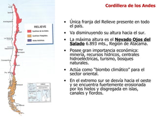 Cordillera de los Andes


• Única franja del Relieve presente en todo
  el país.
• Va disminuyendo su altura hacia el sur.
• La máxima altura es el Nevado Ojos del
  Salado 6.893 mts., Región de Atacama.
• Posee gran importancia económica:
  minería, recursos hídricos, centrales
  hidroeléctricas, turismo, bosques
  naturales.
• Actúa como “biombo climático” para el
  sector oriental.
• En el extremo sur se desvía hacia el oeste
  y se encuentra fuertemente erosionada
  por los hielos y disgregada en islas,
  canales y fiordos.
 