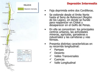 Depresión Intermedia

•   Faja deprimida entre dos Cordilleras.
•   Se extiende desde el límite Norte
    hasta el Seno de Reloncaví (Región
    de los Lagos), en donde se hunde
    para reaparecer en Chiloé y
    desaparecer en el Golfo de Penas.
•   En ella se concentran: los principales
    centros urbanos, las actividades
    mineras, agrícolas, ganaderas e
    industriales y las carreteras y vías
    férreas.
•   Presenta distintas características en
    su recorrido longitudinal:
     Pampas
     Desierto
     Valles Transversales
     Cuencas
     Valle Longitudinal
 