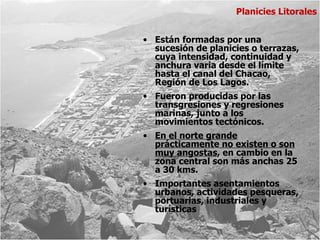 Planicies Litorales


• Están formadas por una
  sucesión de planicies o terrazas,
  cuya intensidad, continuidad y
  anchura varia desde el límite
  hasta el canal del Chacao,
  Región de Los Lagos.
• Fueron producidas por las
  transgresiones y regresiones
  marinas, junto a los
  movimientos tectónicos.
• En el norte grande
  prácticamente no existen o son
  muy angostas, en cambio en la
  zona central son más anchas 25
  a 30 kms.
• Importantes asentamientos
  urbanos, actividades pesqueras,
  portuarias, industriales y
  turísticas
 