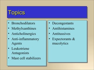 Topics
• Bronchodilators         •   Decongestants
• Methylxanthines         •   Antihistamines
• Anticholinergics        •   Antitussives
• Anti-inflammatory       •   Expectorants &
  Agents                      mucolytics
• Leukotriene
  Antagonists
• Mast cell stabilizers
 