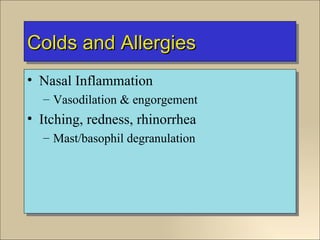 Colds and Allergies
• Nasal Inflammation
  – Vasodilation & engorgement
• Itching, redness, rhinorrhea
  – Mast/basophil degranulation
 