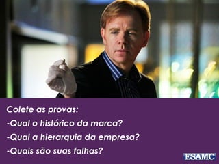 Colete as provas:
-Qual o histórico da marca?
-Qual a hierarquia da empresa?
-Quais são suas falhas?
 