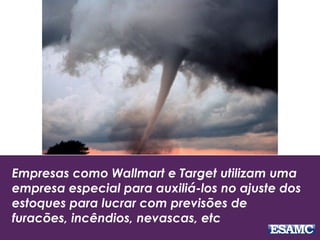 Empresas como Wallmart e Target utilizam uma
empresa especial para auxiliá-los no ajuste dos
estoques para lucrar com previsões de
furacões, incêndios, nevascas, etc
 
