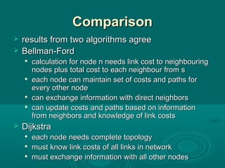 ComparisonComparison
 results from two algorithms agreeresults from two algorithms agree
 Bellman-FordBellman-Ford

calculation for node n needs link cost to neighbouringcalculation for node n needs link cost to neighbouring
nodes plus total cost to each neighbour from snodes plus total cost to each neighbour from s

each node can maintain set of costs and paths foreach node can maintain set of costs and paths for
every other nodeevery other node

can exchange information with direct neighborscan exchange information with direct neighbors

can update costs and paths based on informationcan update costs and paths based on information
from neighbors and knowledge of link costsfrom neighbors and knowledge of link costs
 DijkstraDijkstra

each node needs complete topologyeach node needs complete topology

must know link costs of all links in networkmust know link costs of all links in network

must exchange information with all other nodesmust exchange information with all other nodes
 